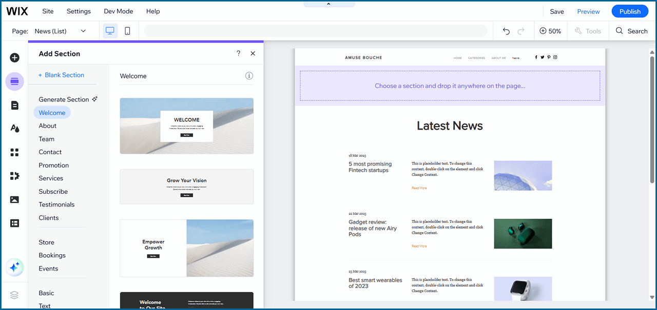 Wix Section Adding Option